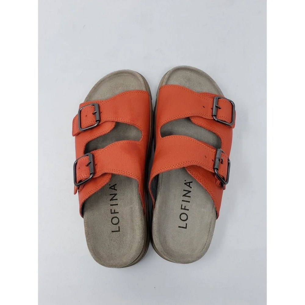 Lofina Womens Orange Leather Double Buckle Slide Sandals 1E240 Size 38 US 7.5